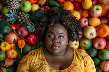 Fototapeta na wymiar A portrait of an obese woman, surrounded by an abundance of colorful fresh fruits and vegetables, symbolizing health and vitality. 