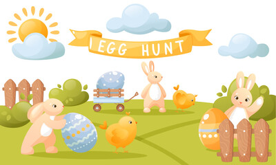 Obraz na płótnie Canvas Vector cute illustration of an Easter egg hunt, with cute bunnies, chicks, Easter attributes, ribbon text and decorations. Suitable for Easter banners, invitations, cards, flyers.
