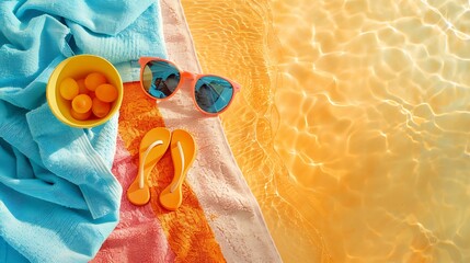 Top view of Beach essentials like towels, sunglasses, and flip-flops arranged on a vibrant beach towel with copy space on left side - obrazy, fototapety, plakaty