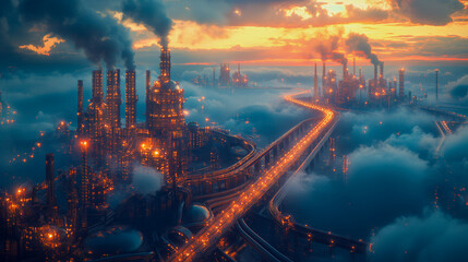 Infrastructure- Power plants, oil refineries, bridges, tunnels, the networks that make society functiony Image generated by AI - obrazy, fototapety, plakaty