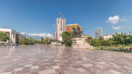 Panorama showing the Skanderbeg memorial and Ethem Bey mosque on the main square in Tirana timelapse, Albania