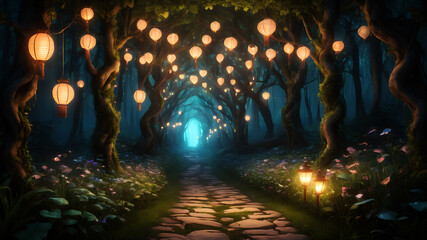 A magical forest path lined with lanterns, heart-shaped leaves, and bioluminescent flowers.,surrounded by the soft glow of nature - Powered by Adobe