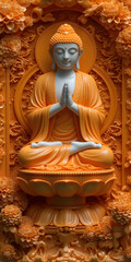 Vertical banner of a Buddha statue made of orange stone. Religious template concept of peace, acceptance and spirituality.
