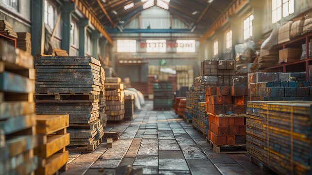 Raw Materials Piles of steel beams, coils of wire, textiles, wood, and other building blocks of industry. Image generated by AI