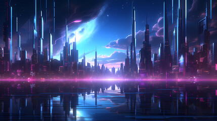 Future city, neon lights and high-rise buildings