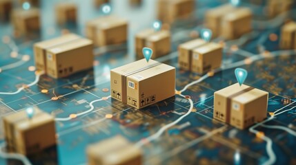 Cardboard boxes on a digital map with location pins signifying global shipping, e-commerce reach, and logistics technology.
