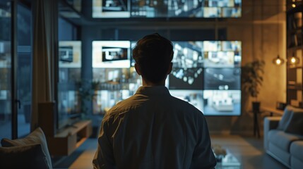 Man observing multiple surveillance screens at night, representing security operations and monitoring in a modern setting.
