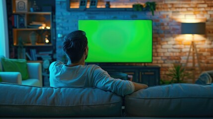 Man watch tv with green screen mock up. Modern television with chroma key template. Empty mockup, blank space. Cozy home interior. Guy enjoy movie back view. Online cinema ad concept. Evening leisure.
