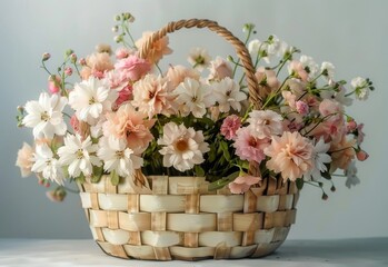 A basket filled with flowers is placed on a table