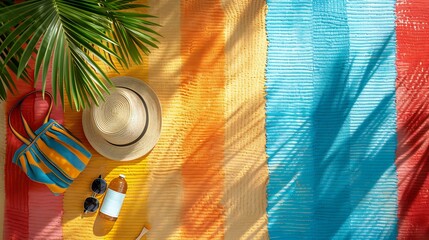 Top view of Beach essentials like a beach bag, towel, and sunscreen arranged on a colorful beach mat with copy space on left side