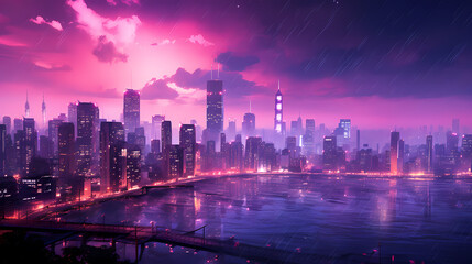 Fototapeta premium Future city, neon lights and high-rise buildings