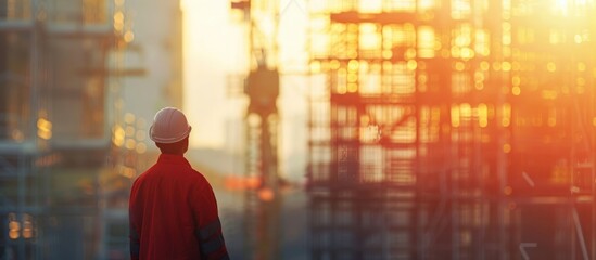 Rear view a worker in the building construction site on blurred sunset background. Generated AI