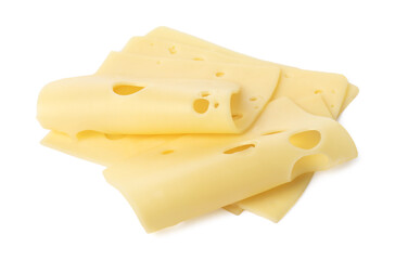 Slices of tasty fresh cheese isolated on white