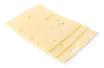 Slices of tasty fresh cheese isolated on white