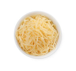 Tasty grated cheese in bowl isolated on white, top view