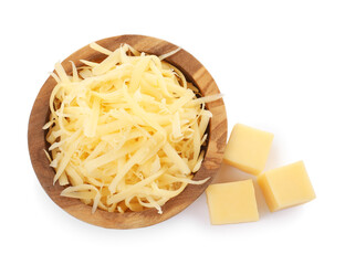 Grated cheese in bowl and pieces of one isolated on white, top view