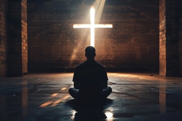 Christian man praying in front of the cross.	
