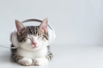 Cute sleeping cat listening to music with headphones on. Musical pets banner.	
