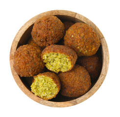 Delicious falafel balls in bowl isolated on white, top view