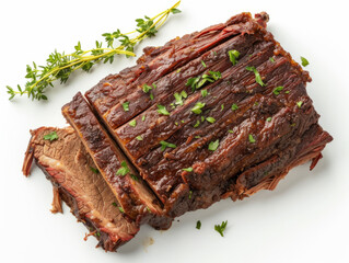 Slow-cooked beef brisket garnished with rosemary and thyme on a wooden cutting board. Studio food photography for culinary and recipe design. Top view