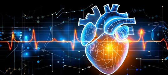Abstract human heart with digital pulse, black background, cardiology concept, health theme.