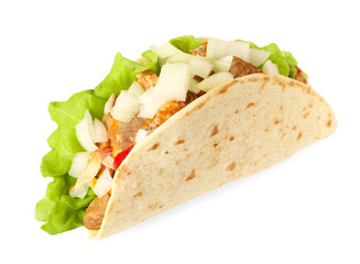 Delicious taco with meat, vegetables and slice of lime isolated on white