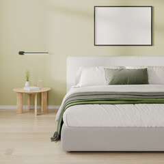 Horizontal frame mock up above bed in bedroom interior in light green tone, 3d render