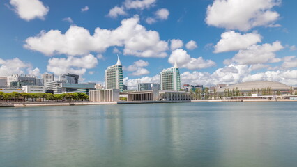 Panorama showing Parque das Nacoes or Park of Nations district timelapse in Lisbon, Portugal.