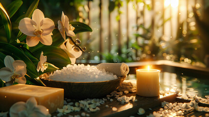 Obraz na płótnie Canvas Spa Wellness Scene with Candles, Aromatherapy, and Relaxation, Nature-Inspired Beauty and Care