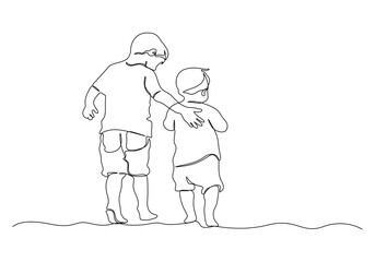 Continuous one line drawing of two brother vector illustration. Premium vector