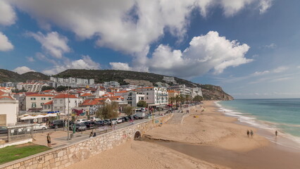 Panorama showing aerial view of Sesimbra Town and seaside timelapse, Portugal.
