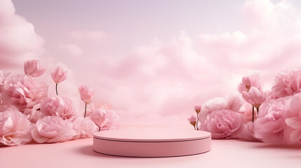 Obraz na płótnie Canvas Product podium stage with spring pink peonies on pastel colors background, mock up for product presentation