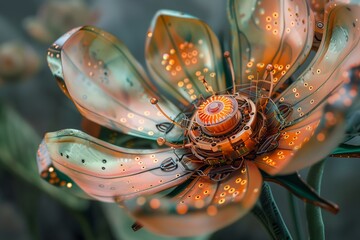 Mechanical flower concept, intricate robotic flora with glowing circuits in a futuristic nature scene
