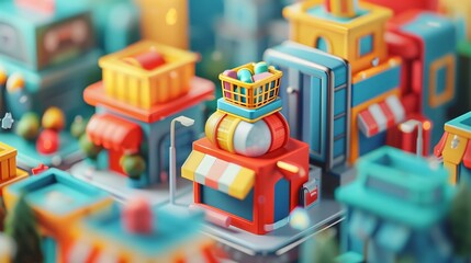 Miniature stylized city model with vibrant buildings and detailed textures, urban planning concept
 - obrazy, fototapety, plakaty