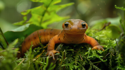 Fototapeta premium A smiling newt looking at camera, surrounded by lush green plants.