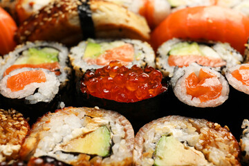 Different tasty sushi rolls as background, closeup