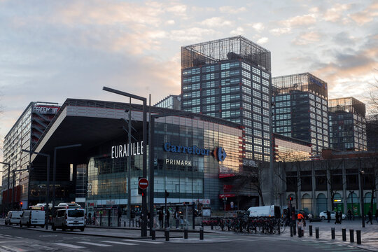 Lille - France - 28 february 2024 - view of Euralille shopping center and Lille Europe train station on sunset sky background