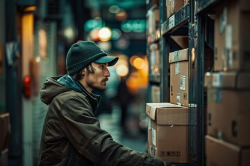 Delivery person sorting packages in alleyway, urban logistics and shipping, focused worker in city setting, e-commerce and delivery scene
