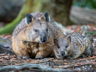 Naklejka premium A numbat mother and her cub exploring their natural bushland habitat.