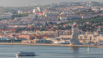 Monument to the Discoveries aerial timelapse located on the northern bank of the Tagus River in Lisbon, Portugal
