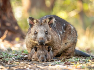 Protective numbat mother cuddles with her young in a serene grassy field.