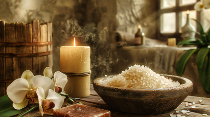 Obraz na płótnie Canvas Aromatherapy Spa Scene with Salt, Candle, and Wellness Treatments, Nature-Inspired Beauty Concept