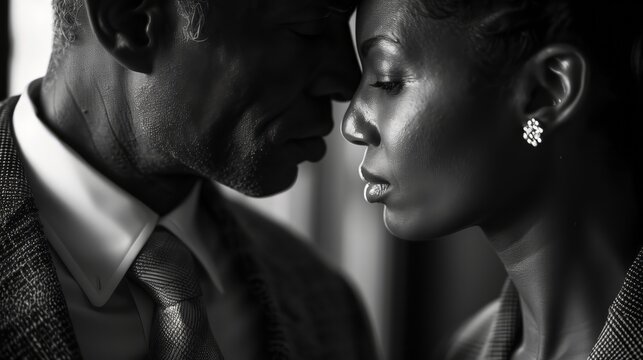 Intimate moment between elegant couple, close-up, monochrome emotional connection, sophistication and romance

