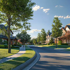 Suburban street with homes and landscaped lawns, residential community and real estate concept - obrazy, fototapety, plakaty
