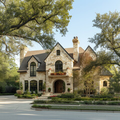 Fototapeta premium Elegant brick house in Texas, residential architecture with landscaped garden, street view 