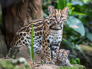 An ocelot mother watches over her cub in a lush, green jungle setting.
