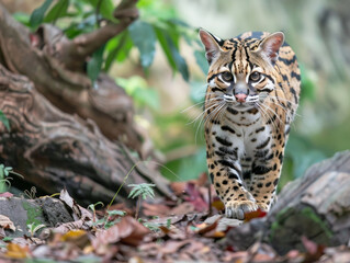 Fototapeta premium An ocelot strides confidently through the jungle floor, a vision of feline grace.