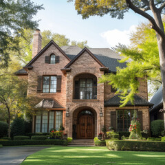 Fototapeta na wymiar Elegant brick house in Texas, residential architecture with landscaped garden, street view 
