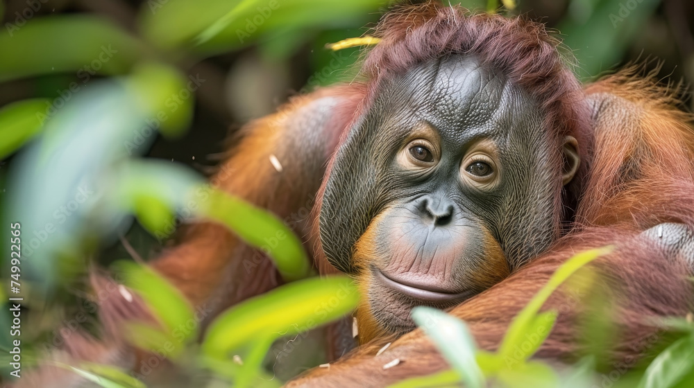 Wall mural Orangutan peeking through lush greenery with a thoughtful expression. - Wall murals