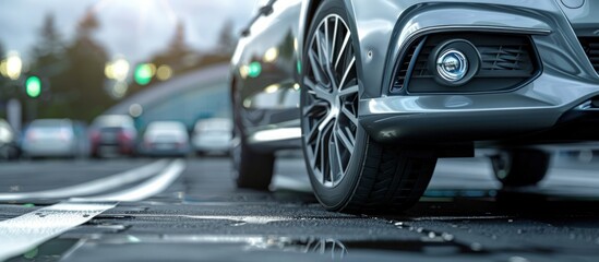 Close up side view of silver car on the wet asphalt road at sunny day. Generated AI
